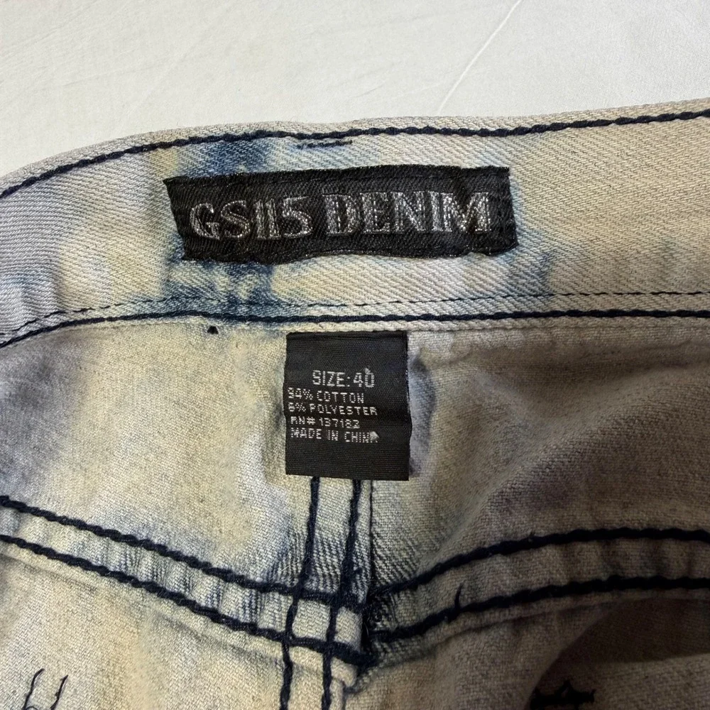 GS-115 Moto Style Blue Denim‎ Jorts Shorts Acid Wash Distressed Men's Size 40X14